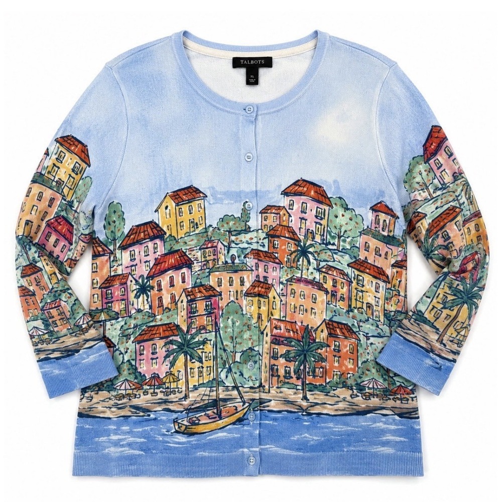 Talbots XL Cardigan Sweater Mediterranean Village Print Measures Like L